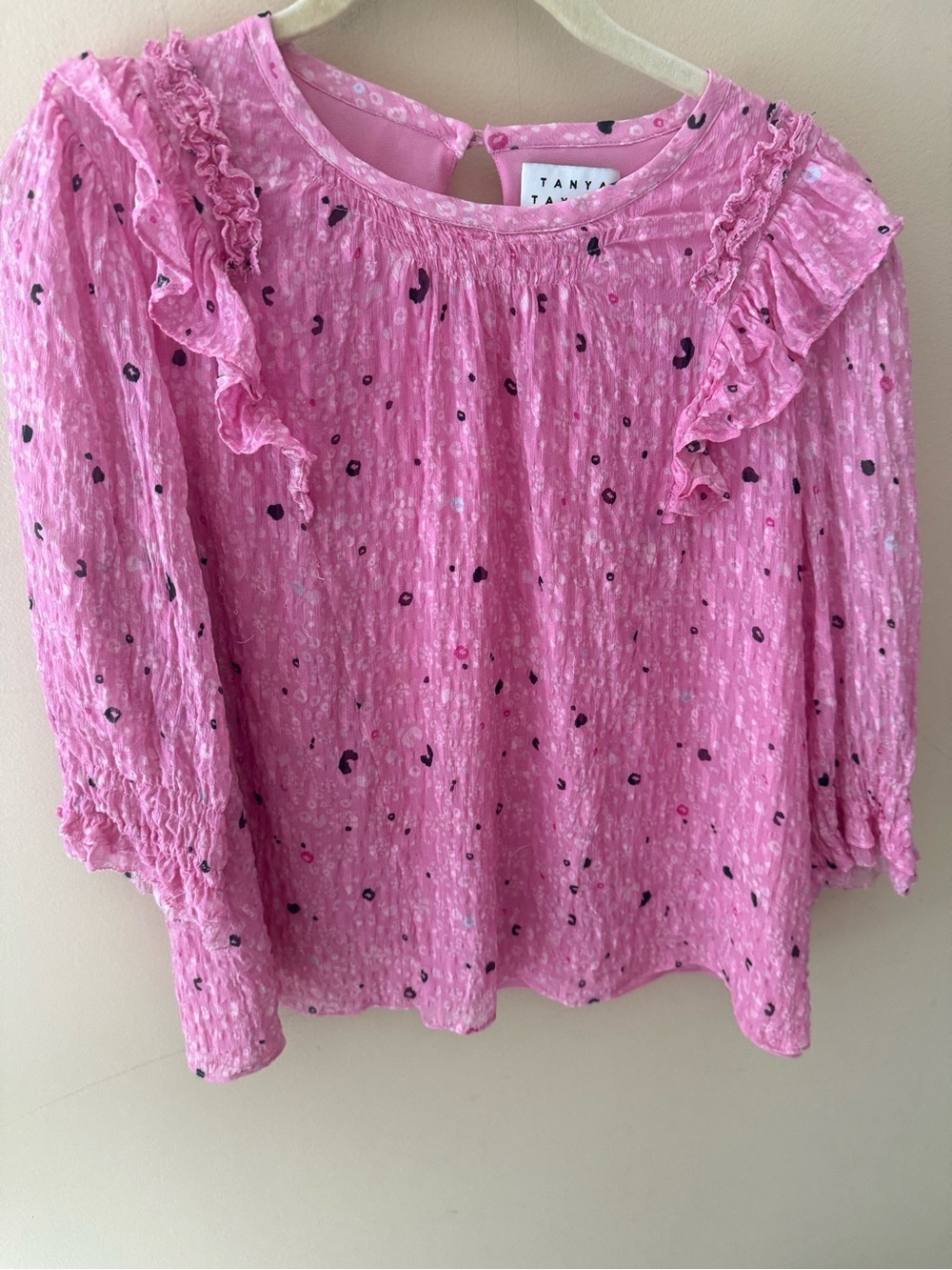 Tanya Taylor Silk blend pink ditsy floral puff Blouse Size M